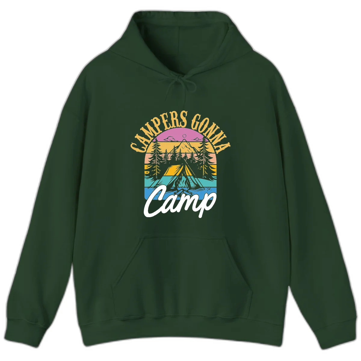 Retro sunset-striped camping design with layered trees, tent, and mountains in vintage 70s color palette in Forest Green