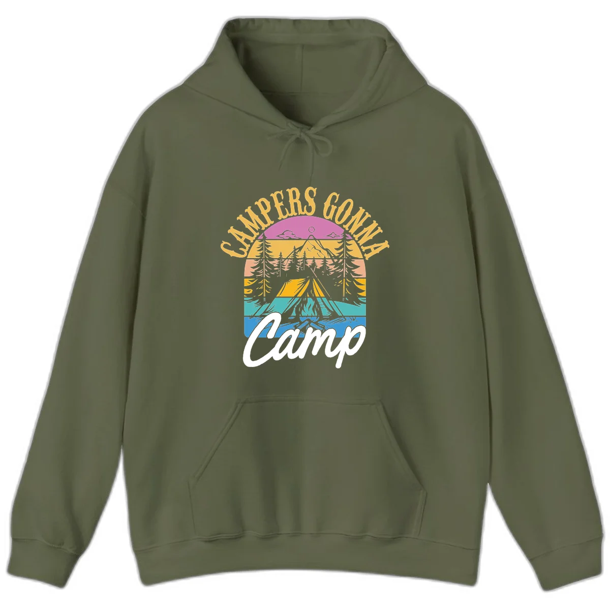 Retro sunset-striped camping design with layered trees, tent, and mountains in vintage 70s color palette in Military Green