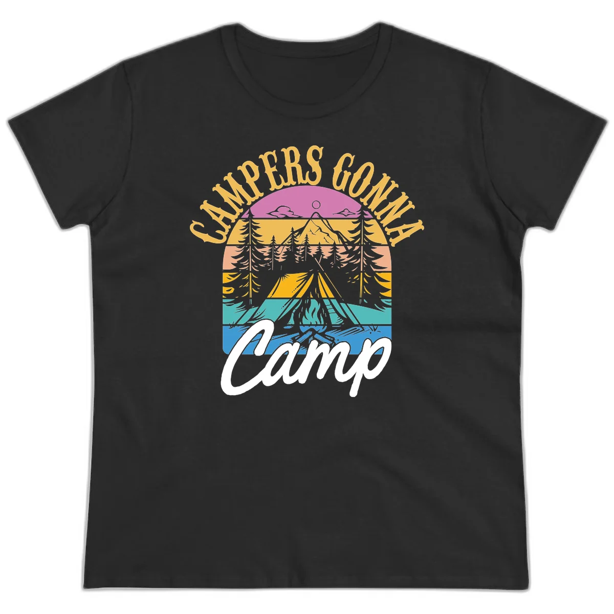 Retro sunset-striped camping design with layered trees, tent, and mountains in vintage 70s color palette in Black
