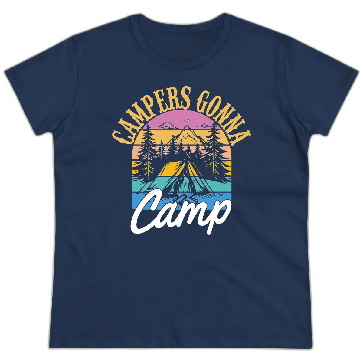Retro sunset-striped camping design with layered trees, tent, and mountains in vintage 70s color palette in Navy