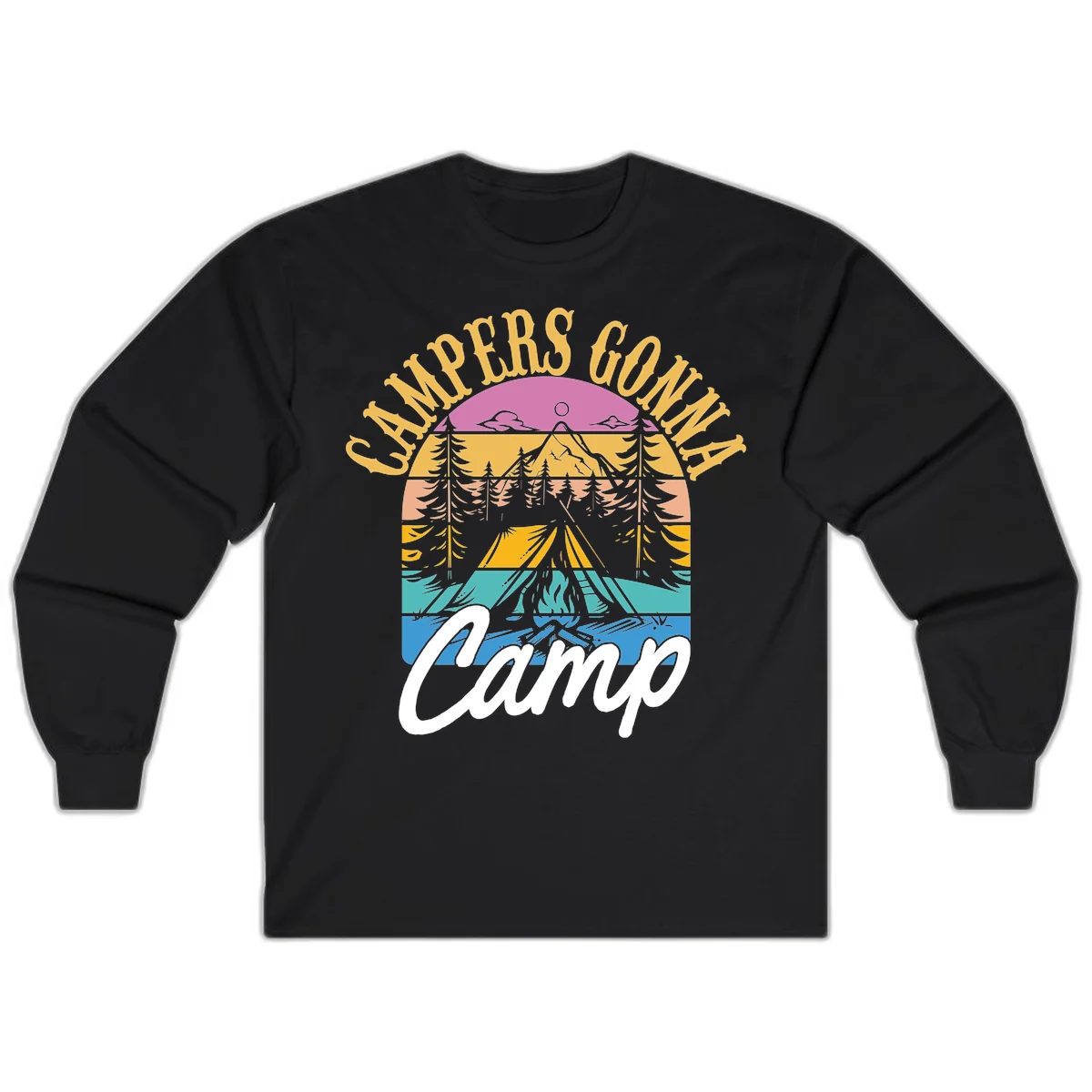 Retro sunset-striped camping design with layered trees, tent, and mountains in vintage 70s color palette in Black