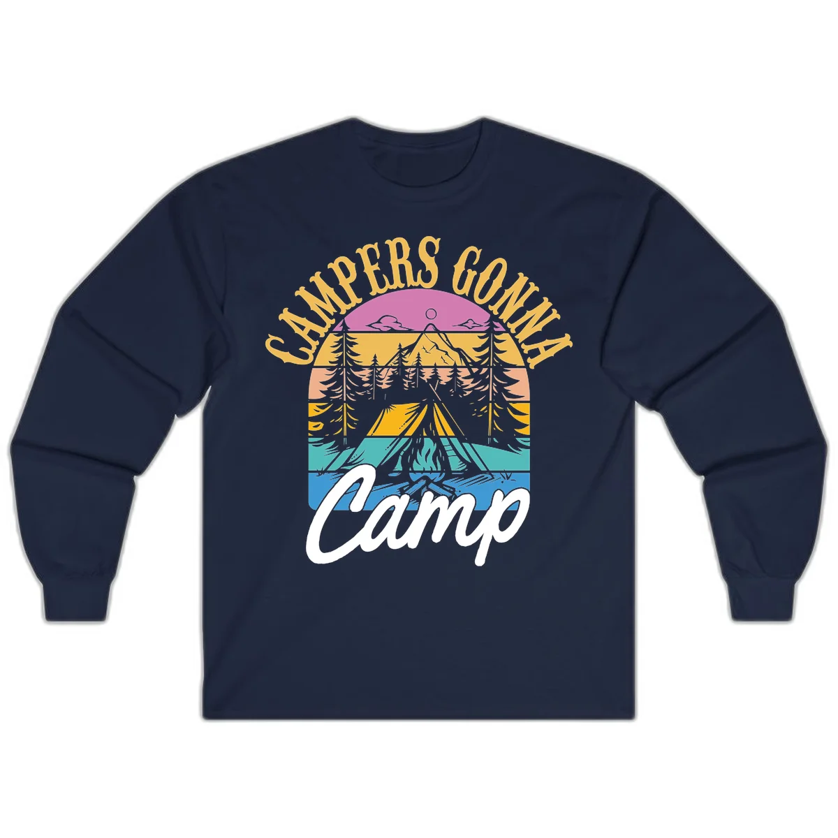 Retro sunset-striped camping design with layered trees, tent, and mountains in vintage 70s color palette in Navy