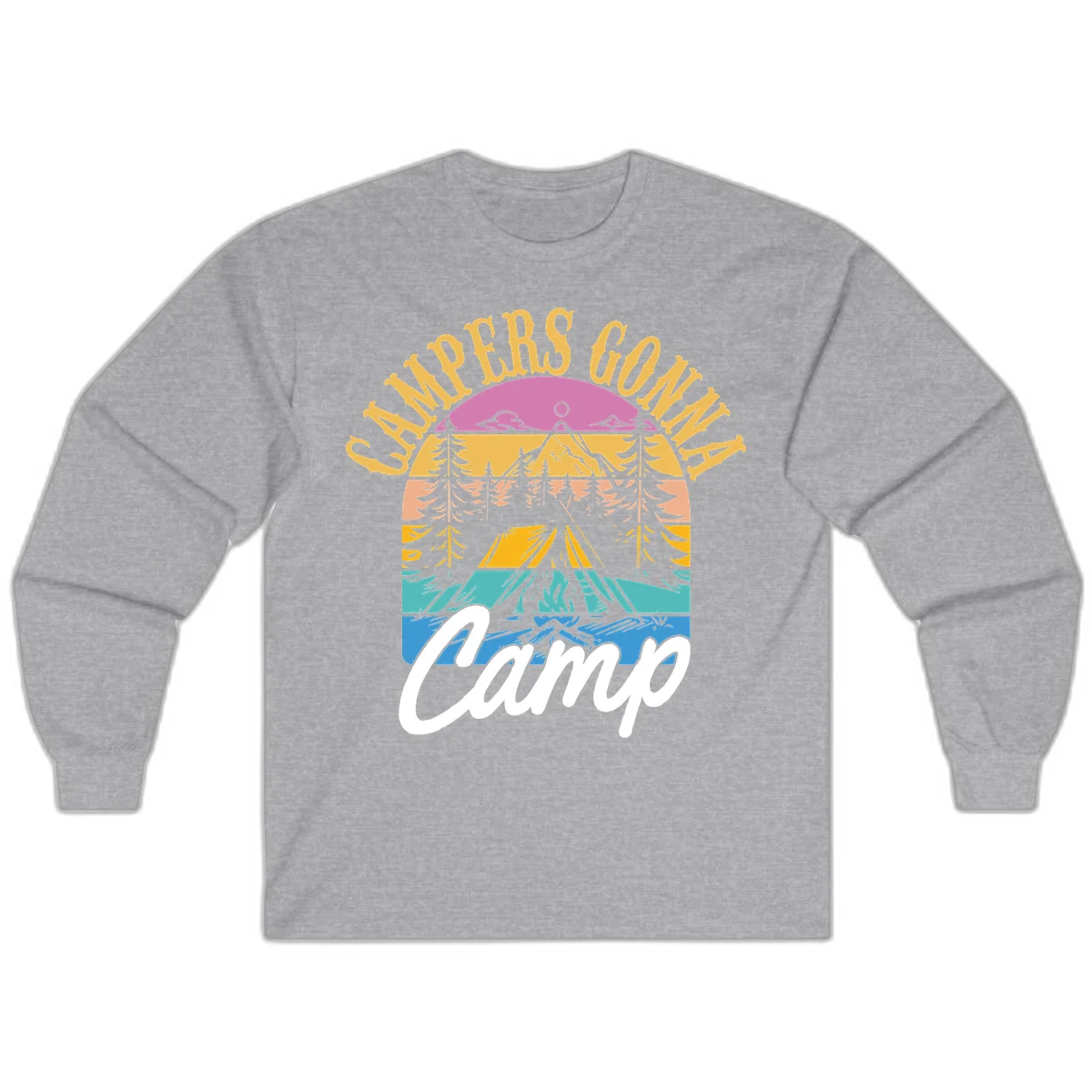 Retro sunset-striped camping design with layered trees, tent, and mountains in vintage 70s color palette in Sport Grey