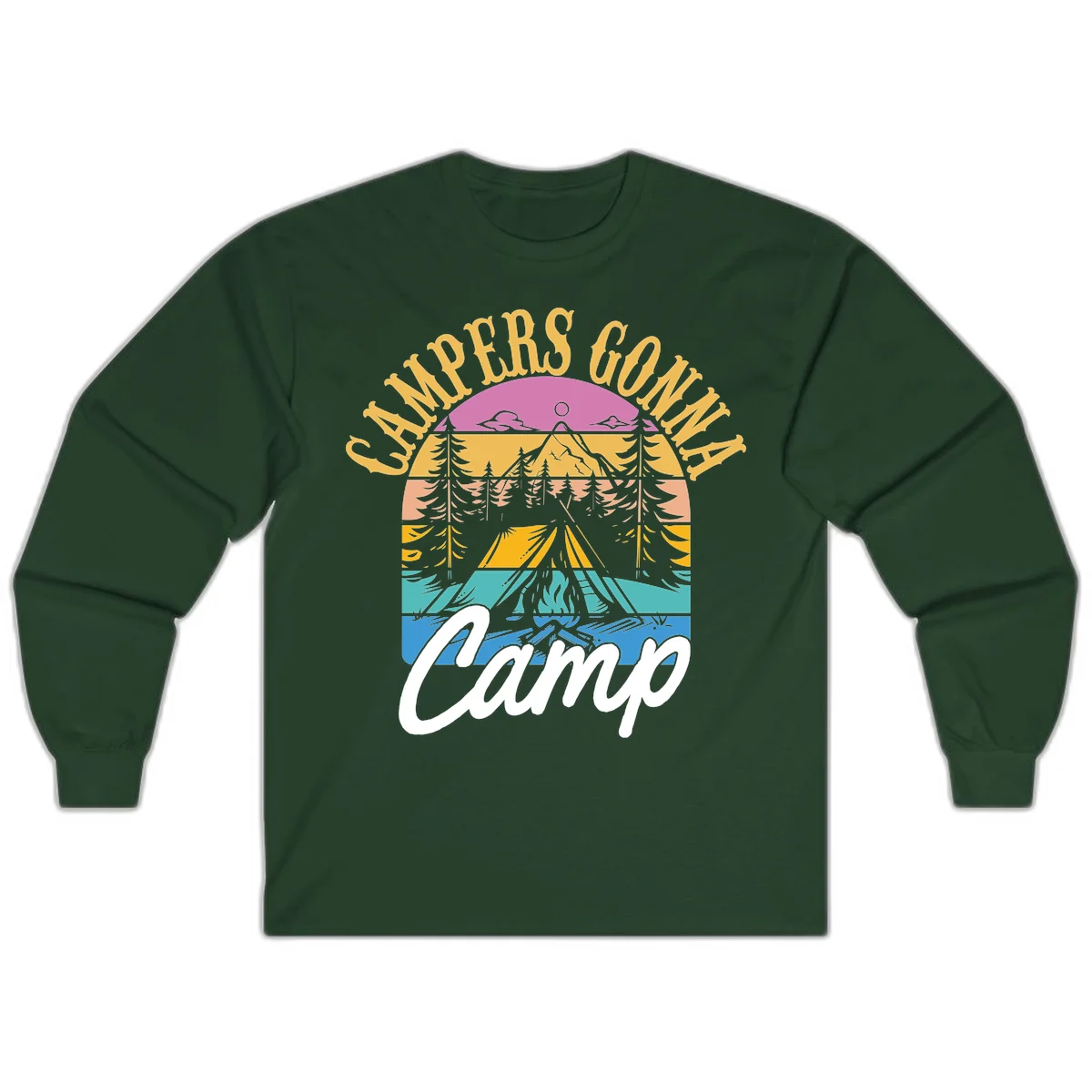 Retro sunset-striped camping design with layered trees, tent, and mountains in vintage 70s color palette in Forest Green