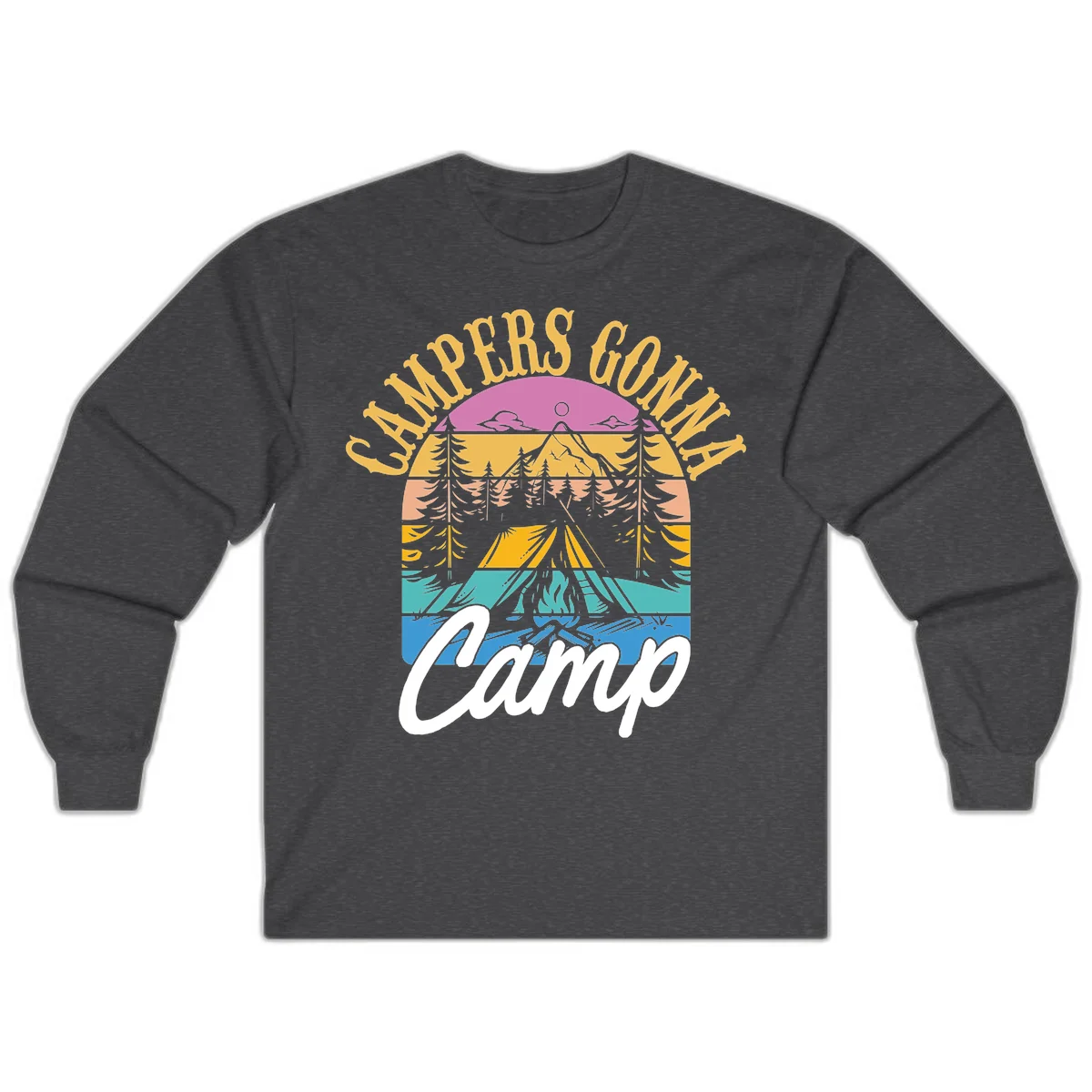 Retro sunset-striped camping design with layered trees, tent, and mountains in vintage 70s color palette in Dark Heather