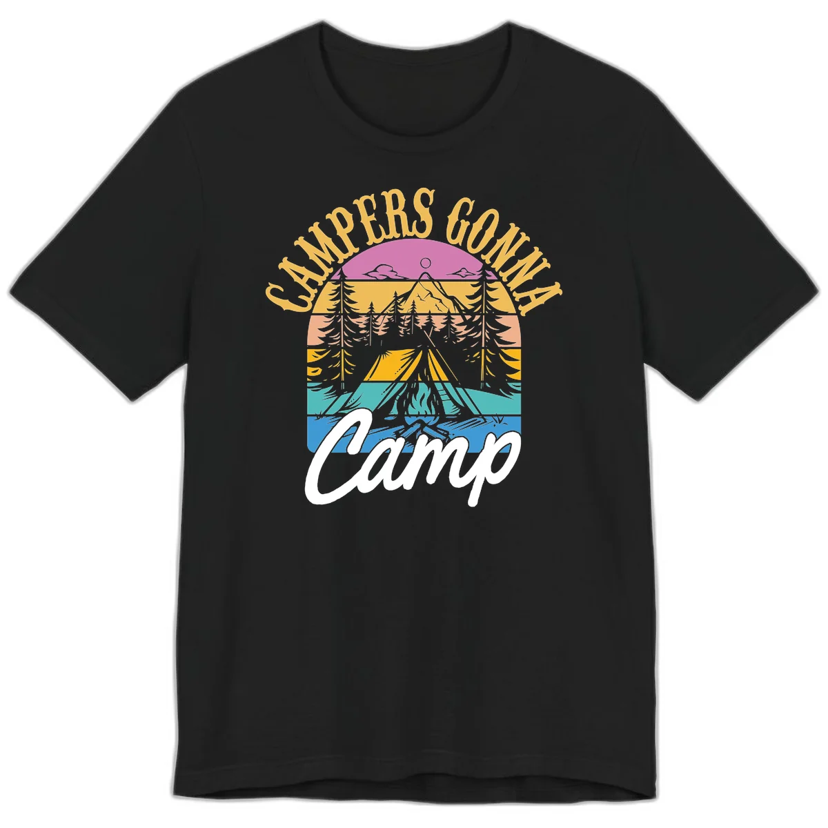 Retro sunset-striped camping design with layered trees, tent, and mountains in vintage 70s color palette in Black