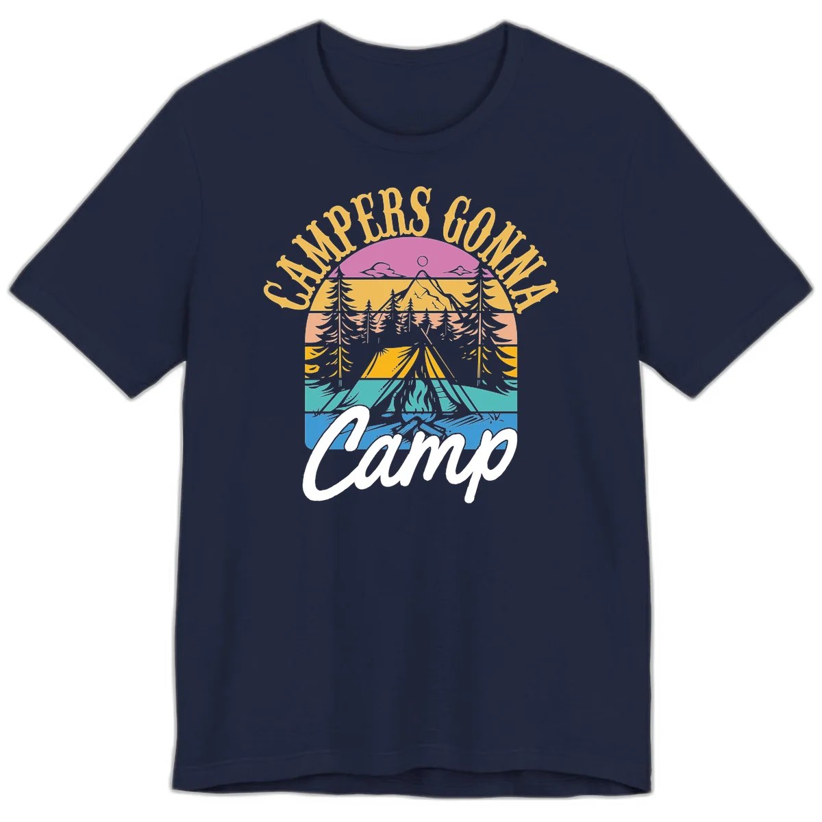 Retro sunset-striped camping design with layered trees, tent, and mountains in vintage 70s color palette in Navy