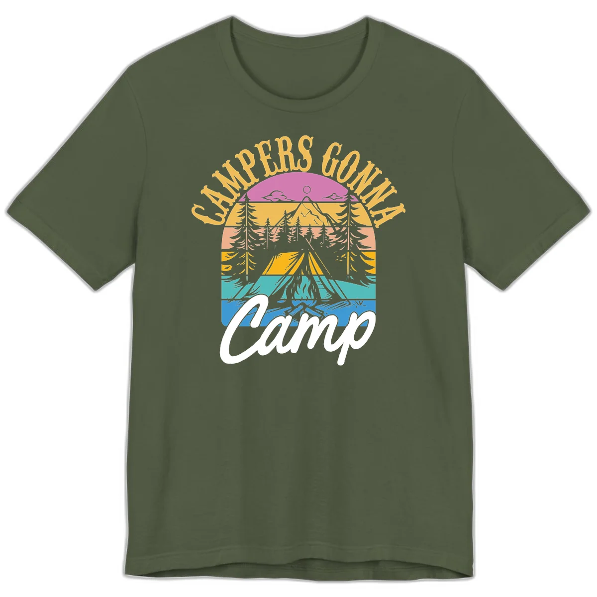 Retro sunset-striped camping design with layered trees, tent, and mountains in vintage 70s color palette in Military Green
