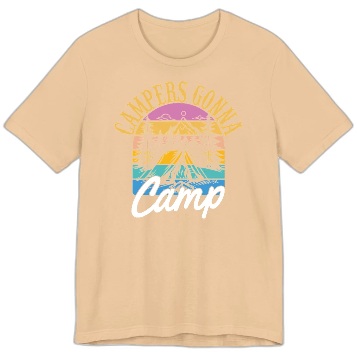 Retro sunset-striped camping design with layered trees, tent, and mountains in vintage 70s color palette in Sand Dune