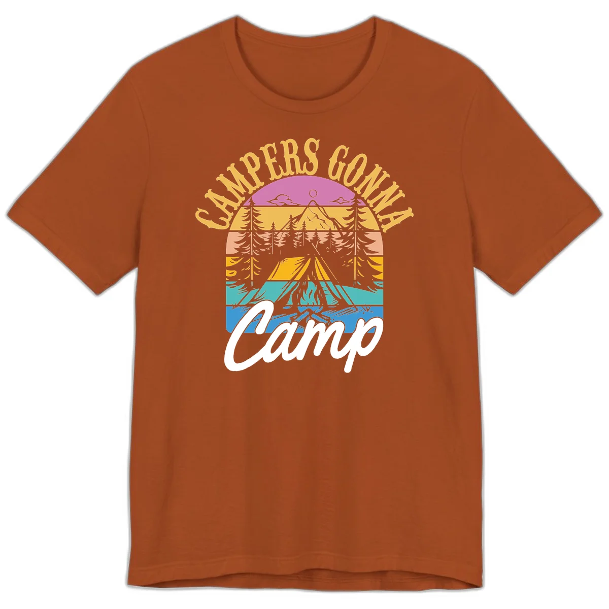 Retro sunset-striped camping design with layered trees, tent, and mountains in vintage 70s color palette in Autumn