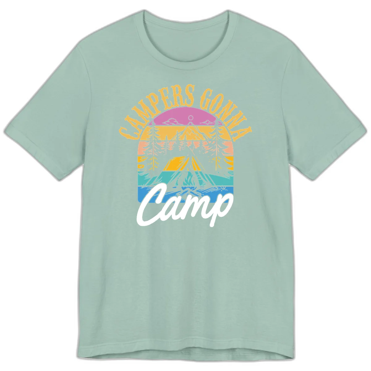Retro sunset-striped camping design with layered trees, tent, and mountains in vintage 70s color palette in Dusty Blue
