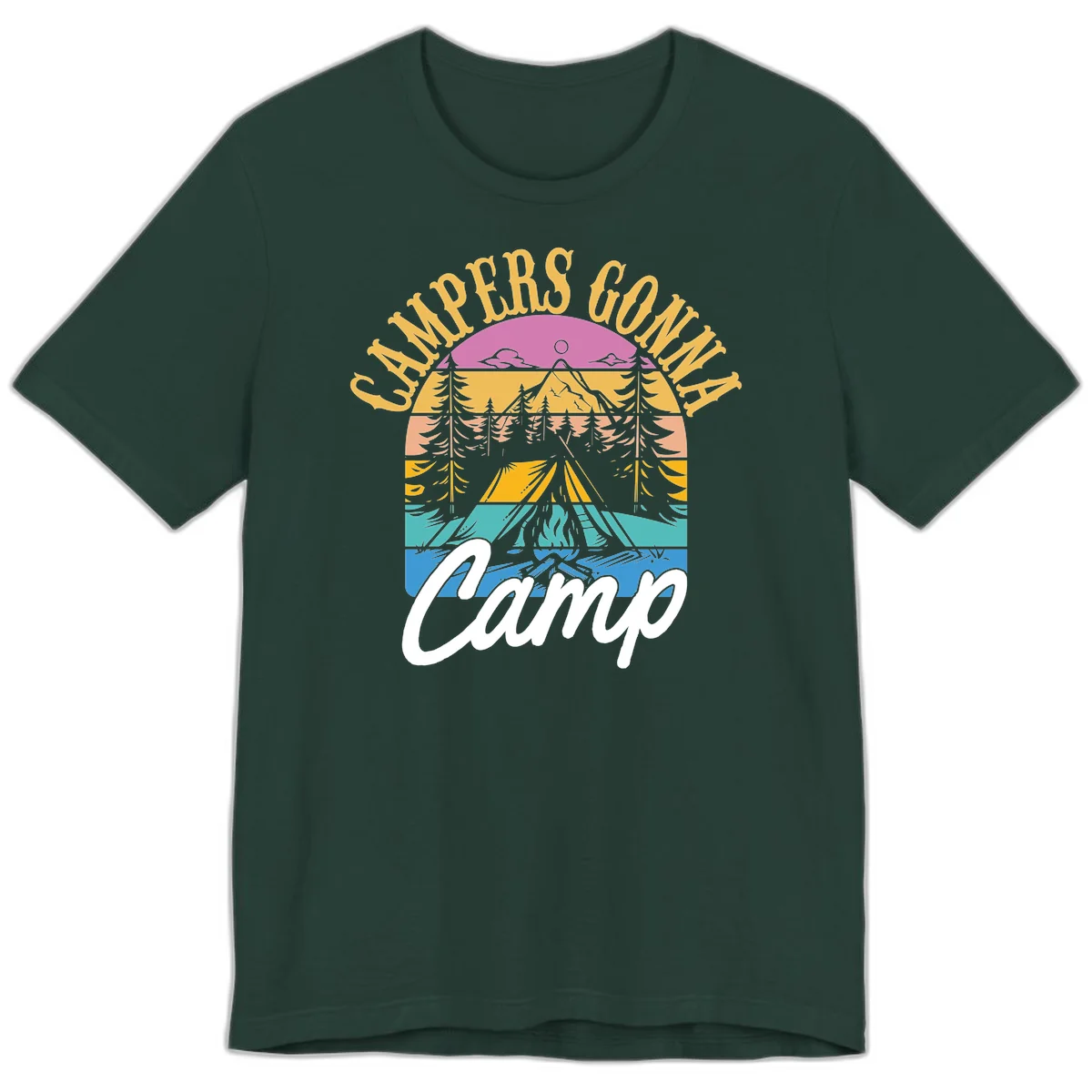 Retro sunset-striped camping design with layered trees, tent, and mountains in vintage 70s color palette in Forest