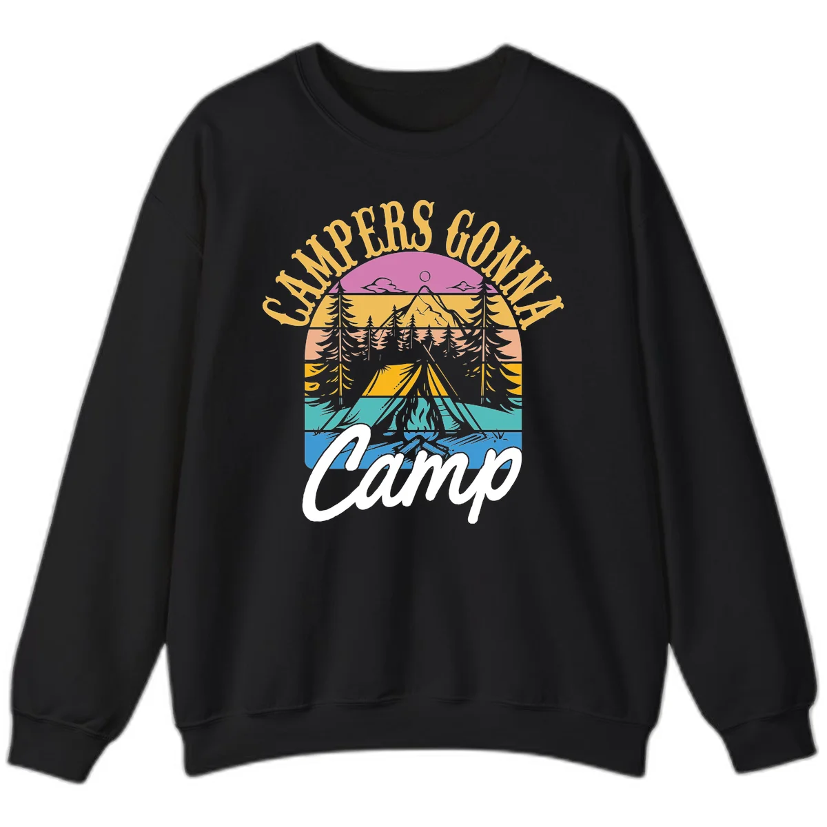 Retro sunset-striped camping design with layered trees, tent, and mountains in vintage 70s color palette in Black