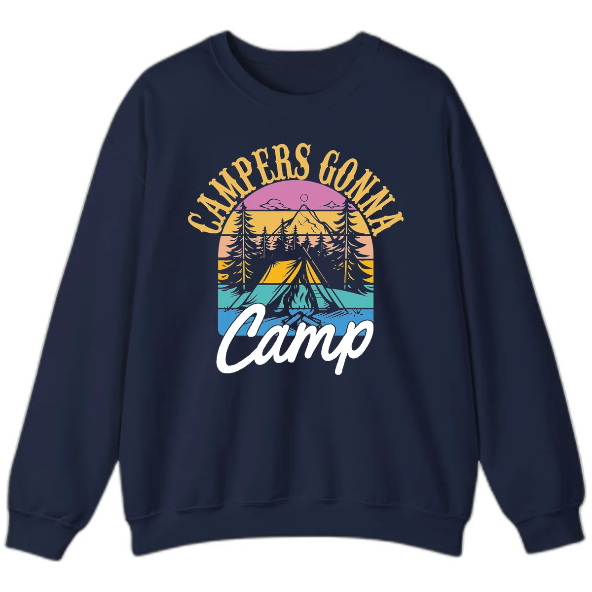 Retro sunset-striped camping design with layered trees, tent, and mountains in vintage 70s color palette in Navy