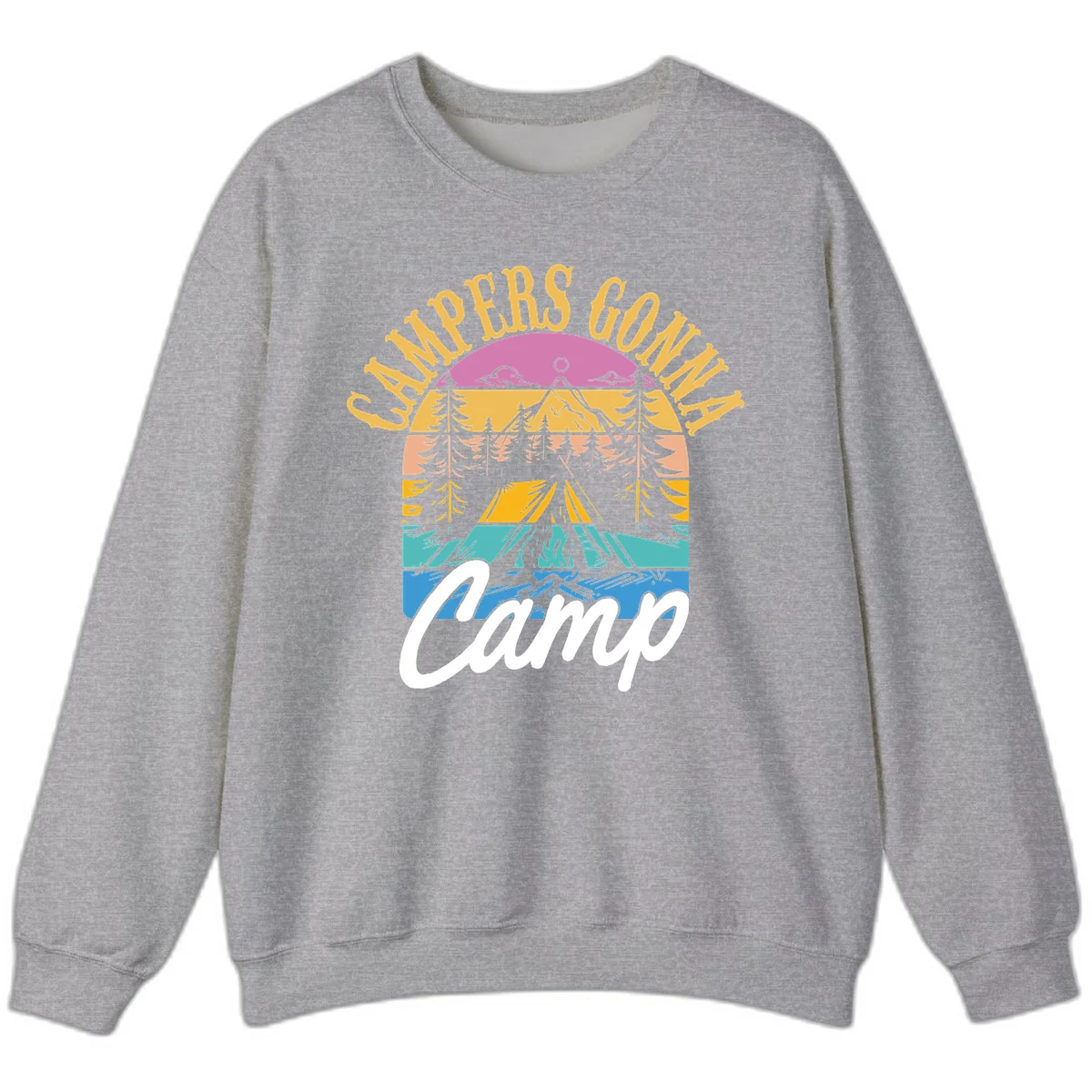 Retro sunset-striped camping design with layered trees, tent, and mountains in vintage 70s color palette in Sport Grey