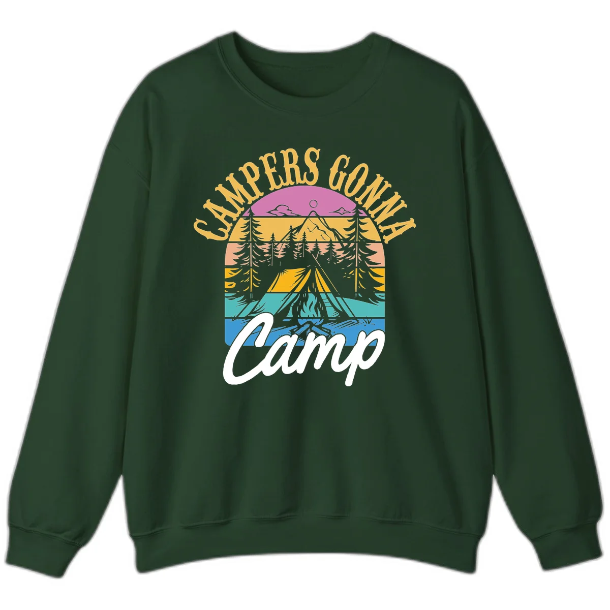 Retro sunset-striped camping design with layered trees, tent, and mountains in vintage 70s color palette in Forest Green