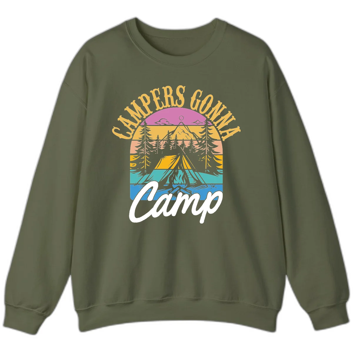Retro sunset-striped camping design with layered trees, tent, and mountains in vintage 70s color palette in Military Green