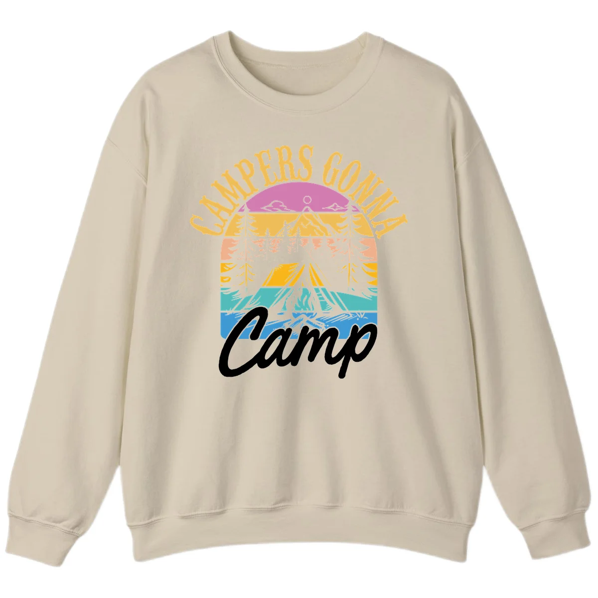 Retro sunset-striped camping design with layered trees, tent, and mountains in vintage 70s color palette in Sand