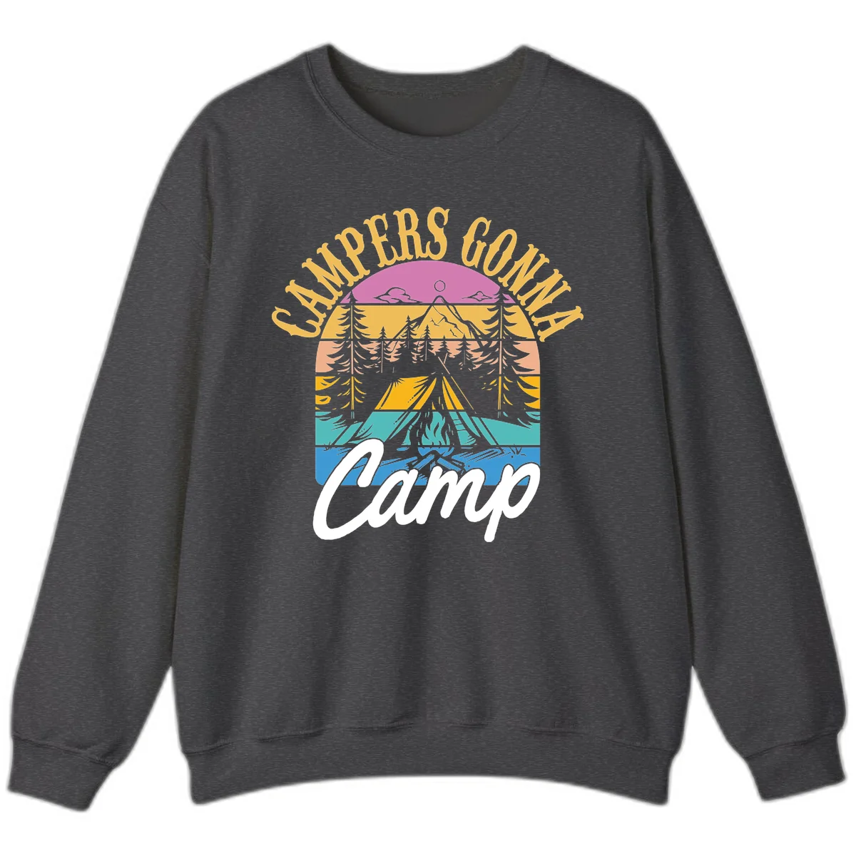 Retro sunset-striped camping design with layered trees, tent, and mountains in vintage 70s color palette in Dark Heather