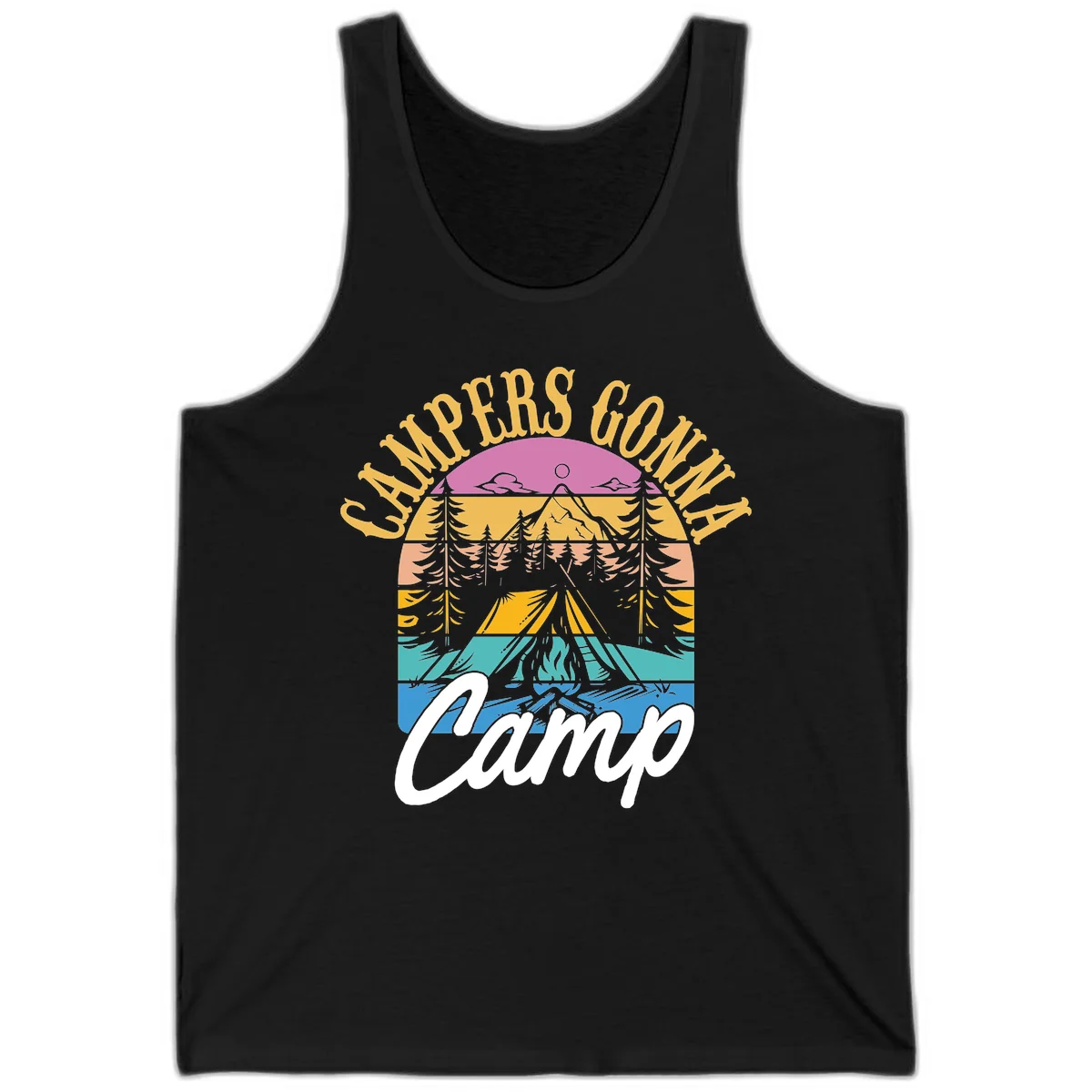 Retro sunset-striped camping design with layered trees, tent, and mountains in vintage 70s color palette in Black