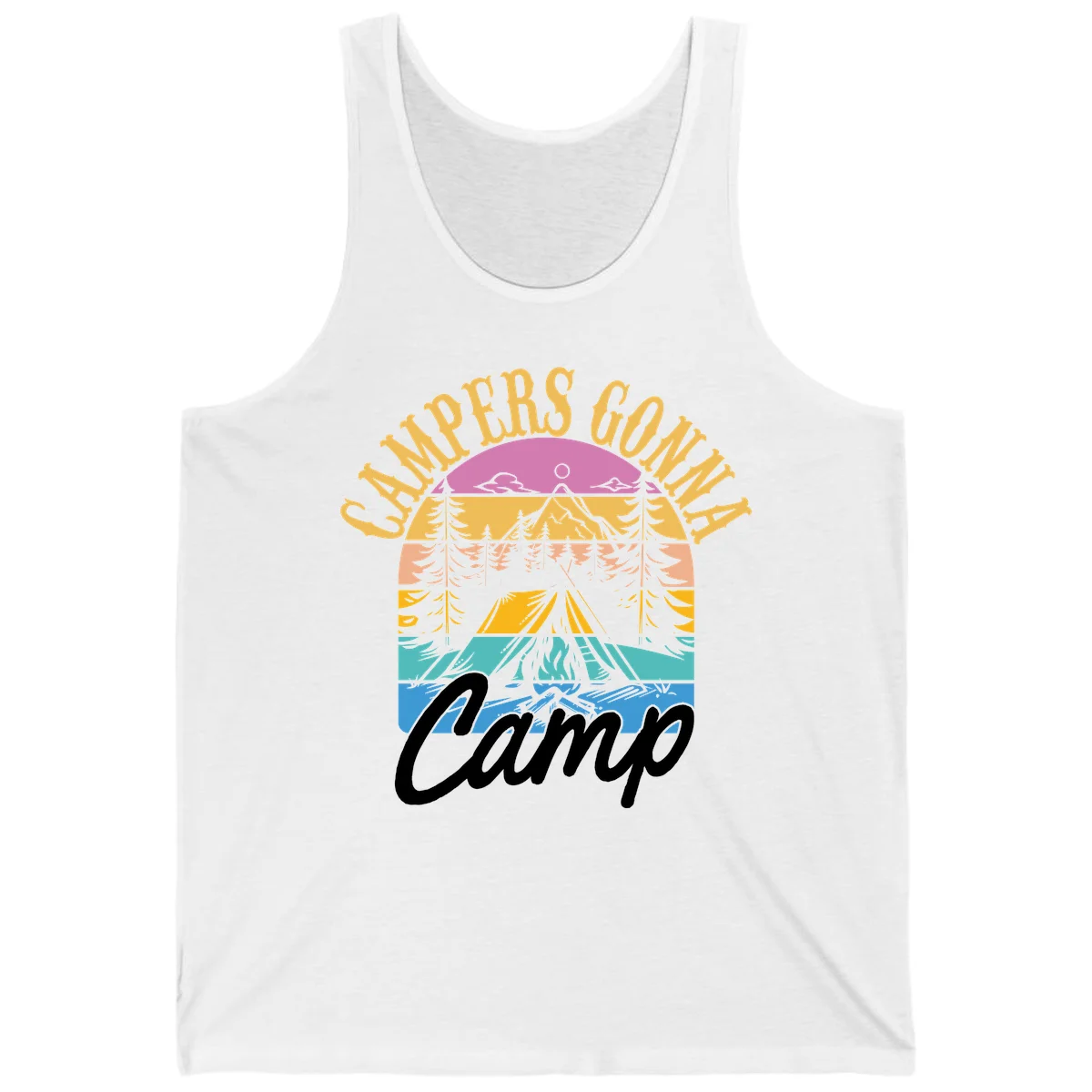 Retro sunset-striped camping design with layered trees, tent, and mountains in vintage 70s color palette in White