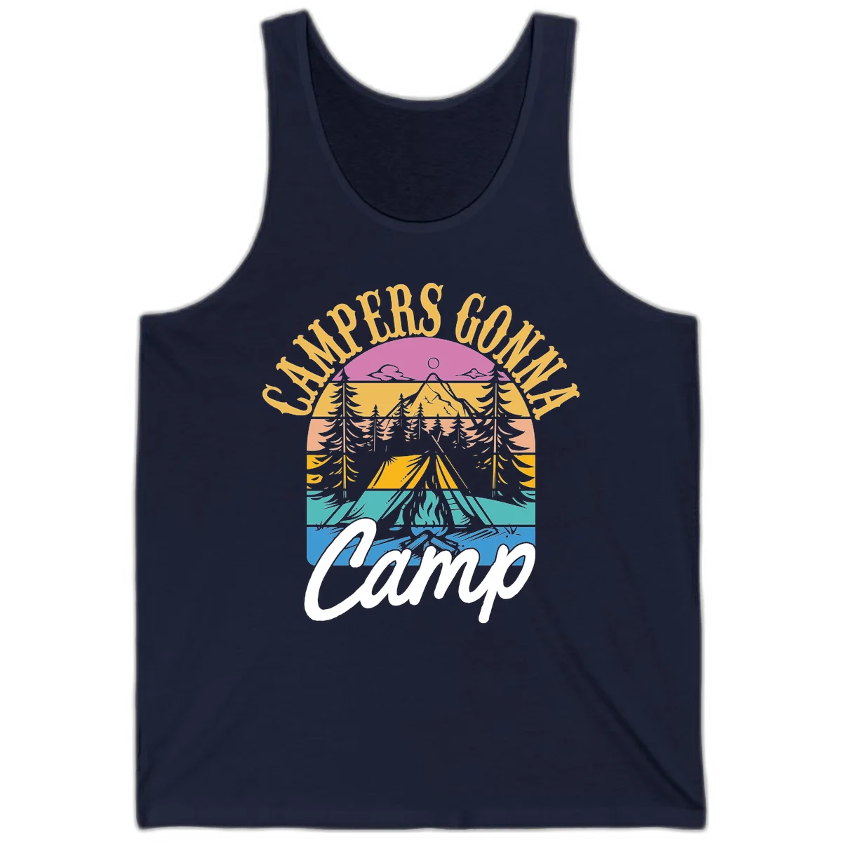 Retro sunset-striped camping design with layered trees, tent, and mountains in vintage 70s color palette in Navy