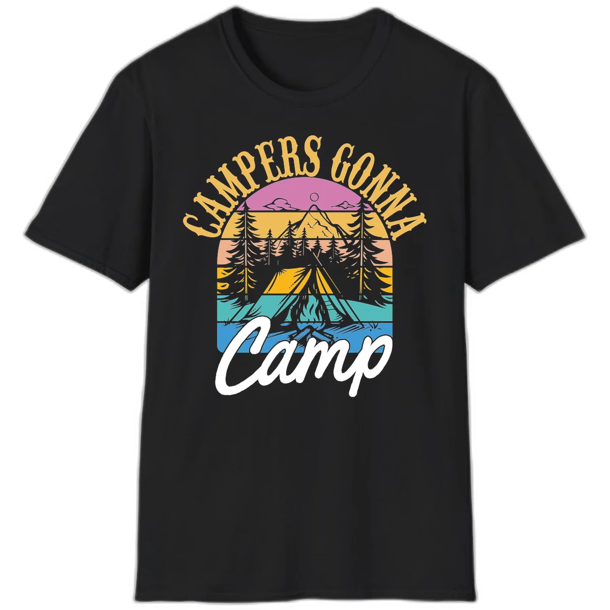 Retro sunset-striped camping design with layered trees, tent, and mountains in vintage 70s color palette in Black