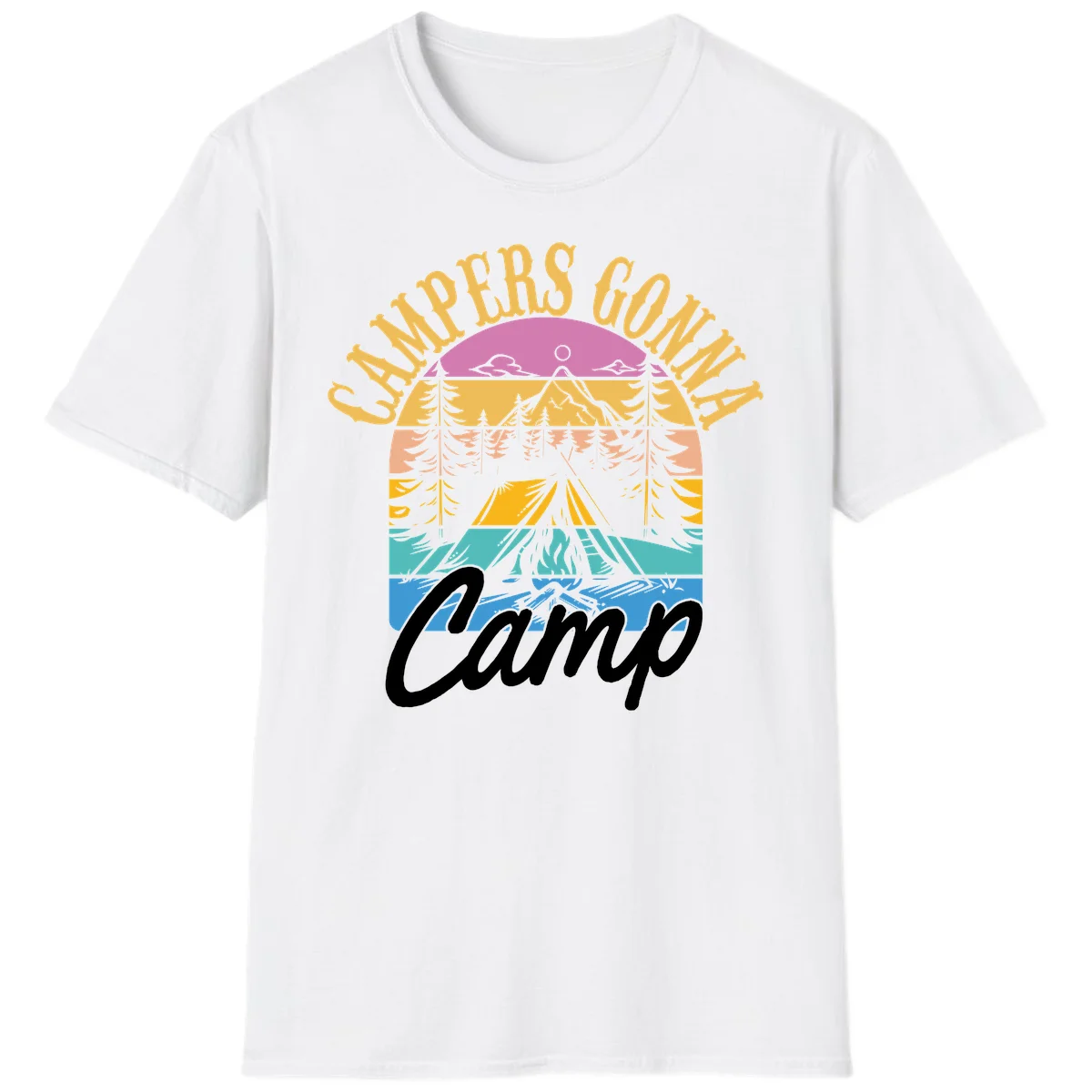 Retro sunset-striped camping design with layered trees, tent, and mountains in vintage 70s color palette in White
