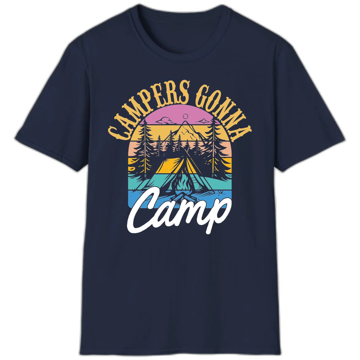 Retro sunset-striped camping design with layered trees, tent, and mountains in vintage 70s color palette in Navy