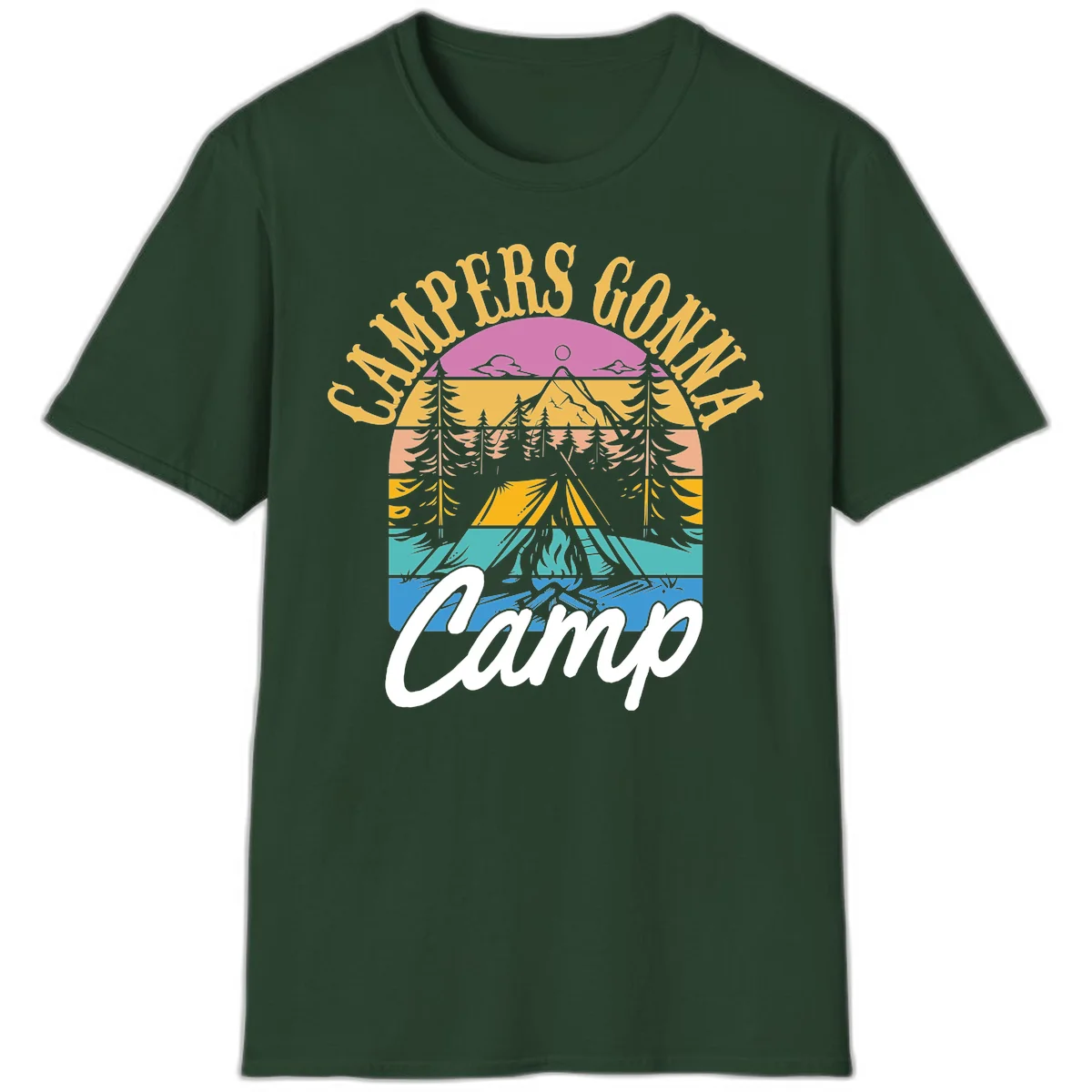 Retro sunset-striped camping design with layered trees, tent, and mountains in vintage 70s color palette in Forest Green