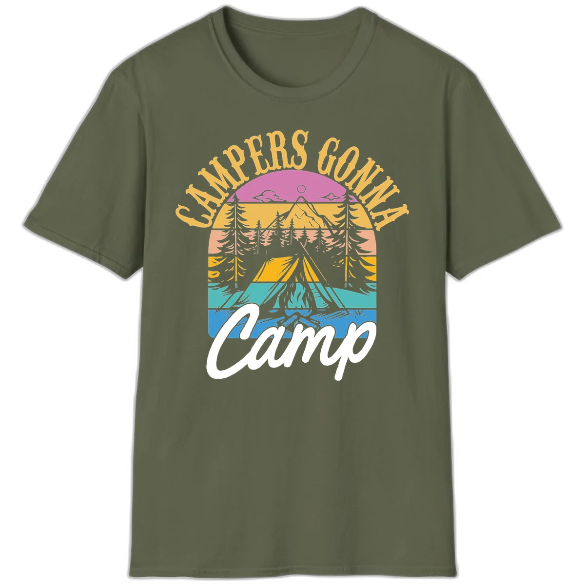 Retro sunset-striped camping design with layered trees, tent, and mountains in vintage 70s color palette in Military Green