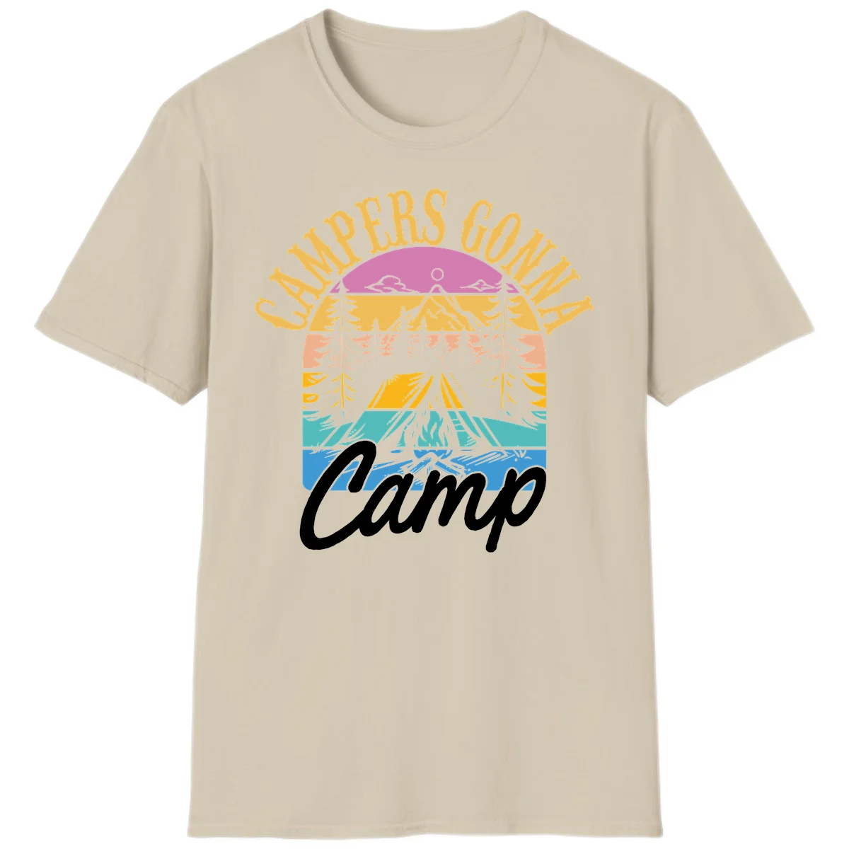Retro sunset-striped camping design with layered trees, tent, and mountains in vintage 70s color palette in Sand