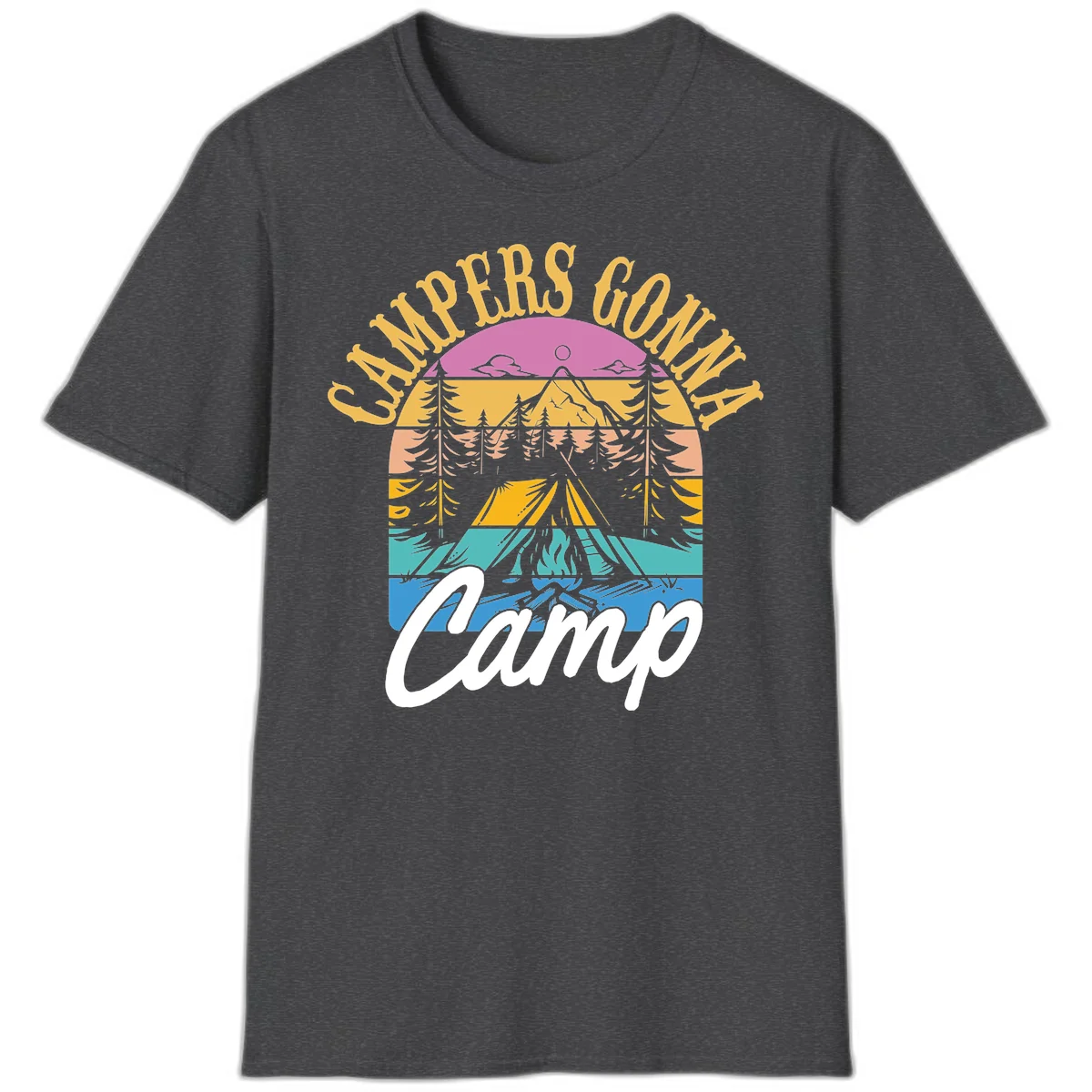 Retro sunset-striped camping design with layered trees, tent, and mountains in vintage 70s color palette in Dark Heather