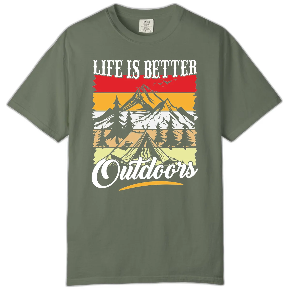 Life is better outdoors design featuring mountains, pine trees, tent and campfire across colorful horizontal stripes with white text in Moss