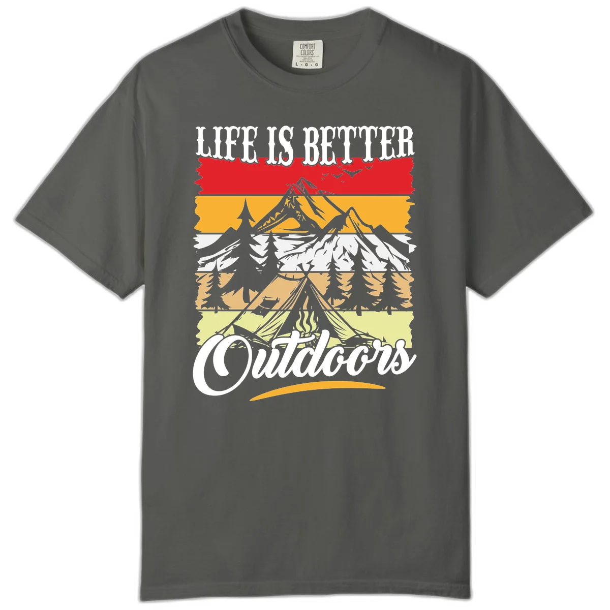 Life is better outdoors design featuring mountains, pine trees, tent and campfire across colorful horizontal stripes with white text in Pepper