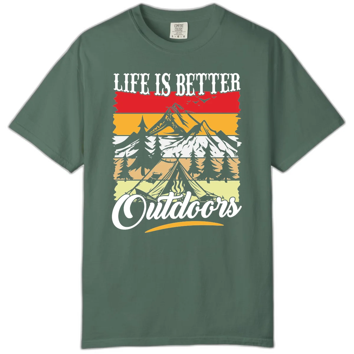 Life is better outdoors design featuring mountains, pine trees, tent and campfire across colorful horizontal stripes with white text in Blue Spruce