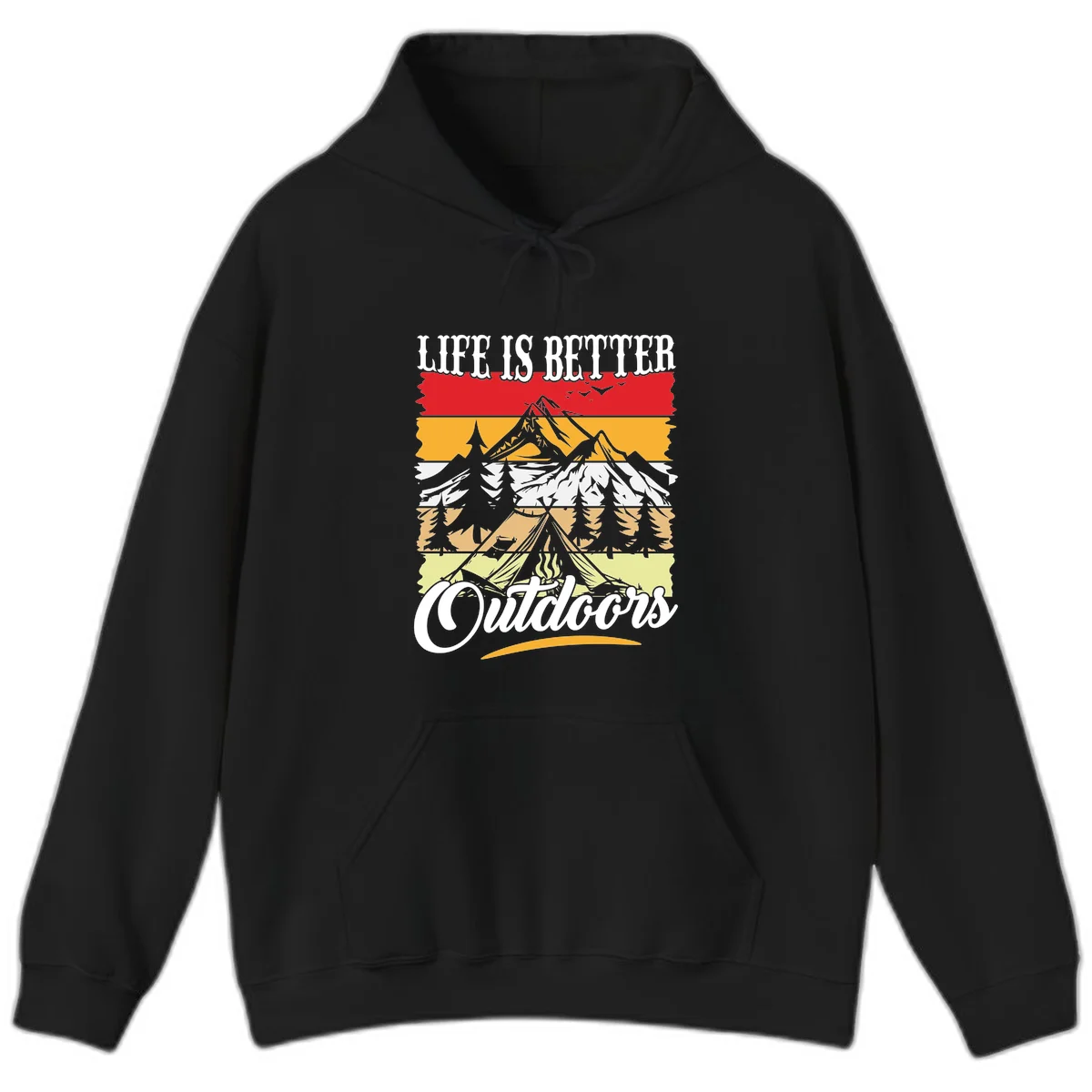 Life is better outdoors design featuring mountains, pine trees, tent and campfire across colorful horizontal stripes with white text in Black