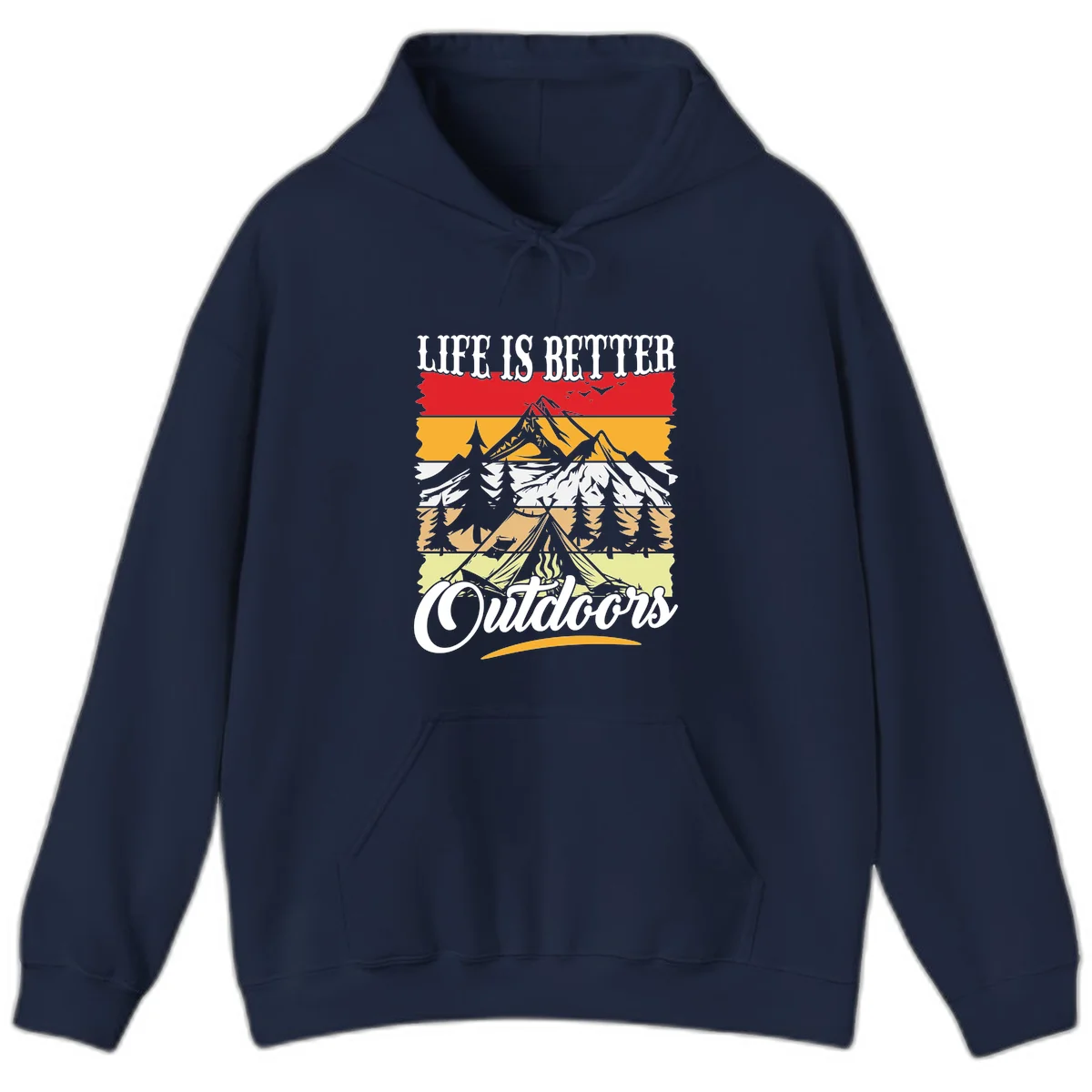 Life is better outdoors design featuring mountains, pine trees, tent and campfire across colorful horizontal stripes with white text in Navy