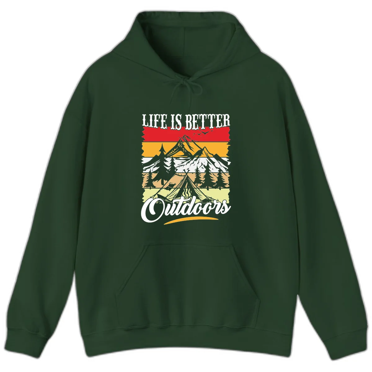Life is better outdoors design featuring mountains, pine trees, tent and campfire across colorful horizontal stripes with white text in Forest Green