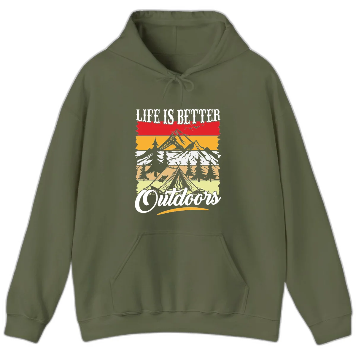 Life is better outdoors design featuring mountains, pine trees, tent and campfire across colorful horizontal stripes with white text in Military Green