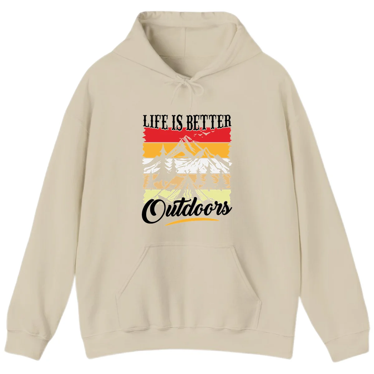 Life is better outdoors design featuring mountains, pine trees, tent and campfire across colorful horizontal stripes with white text in Sand