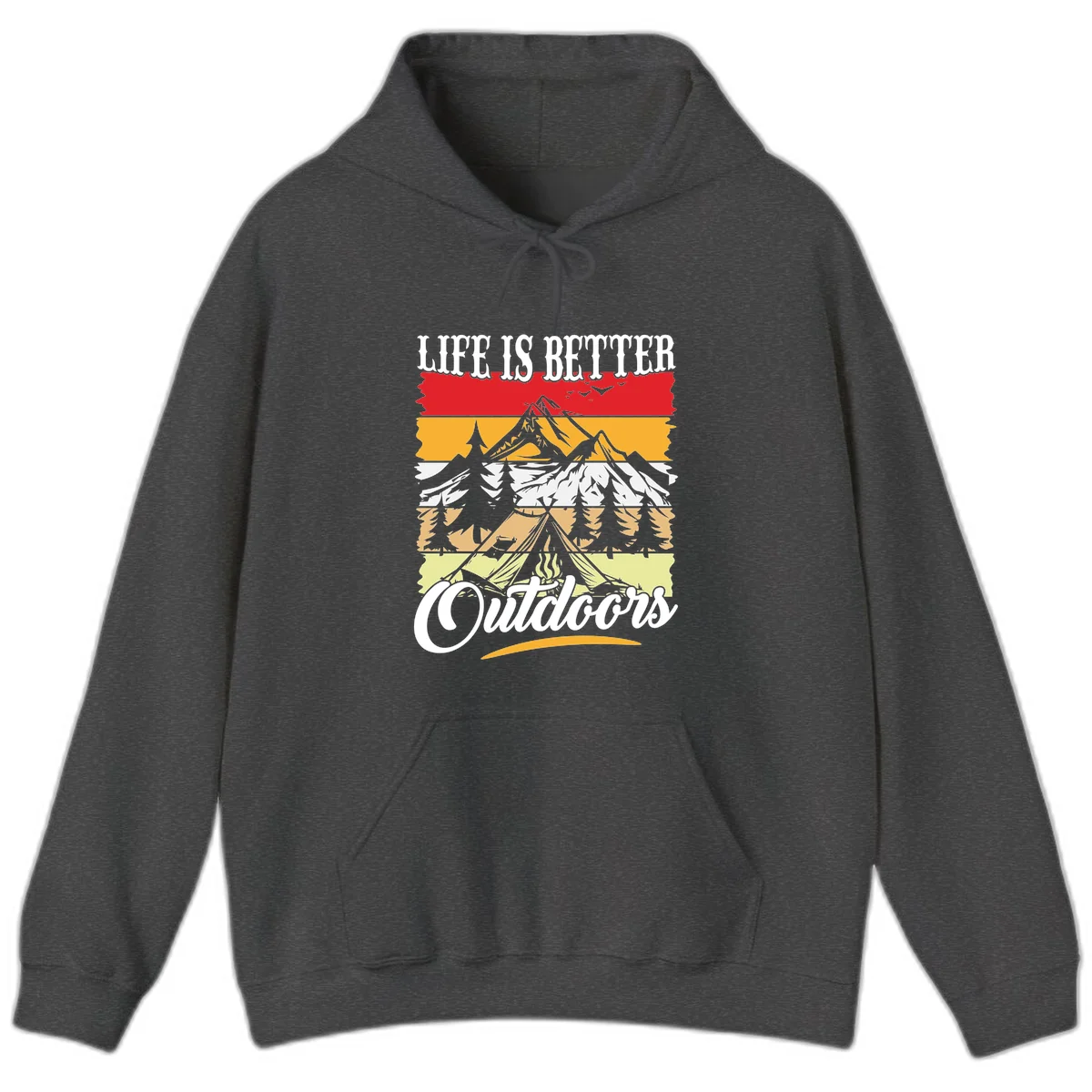 Life is better outdoors design featuring mountains, pine trees, tent and campfire across colorful horizontal stripes with white text in Dark Heather