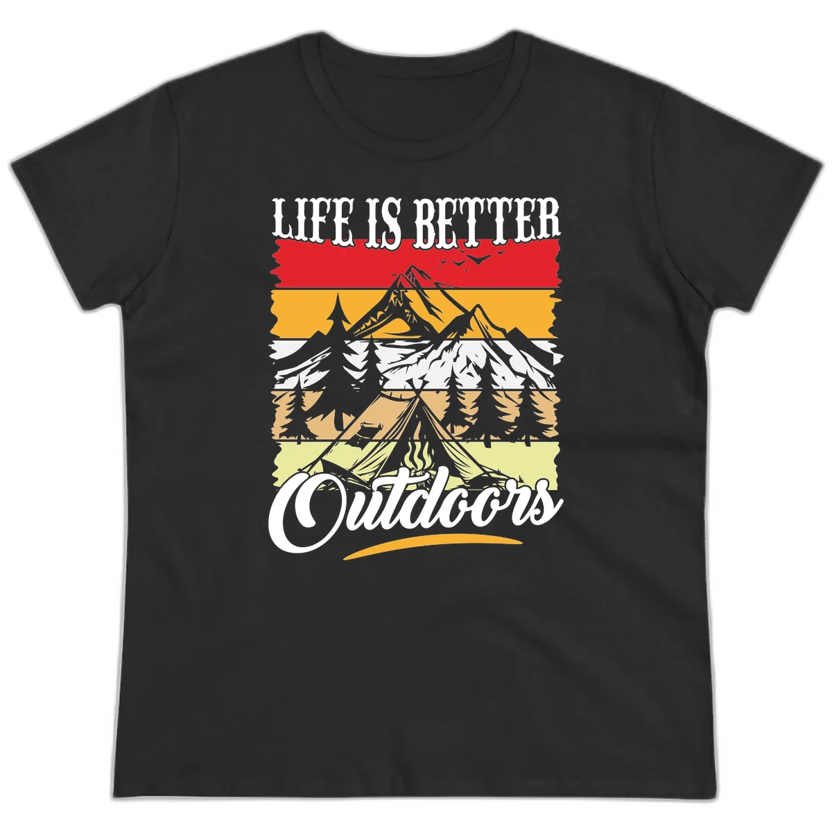 Life is better outdoors design featuring mountains, pine trees, tent and campfire across colorful horizontal stripes with white text in Black