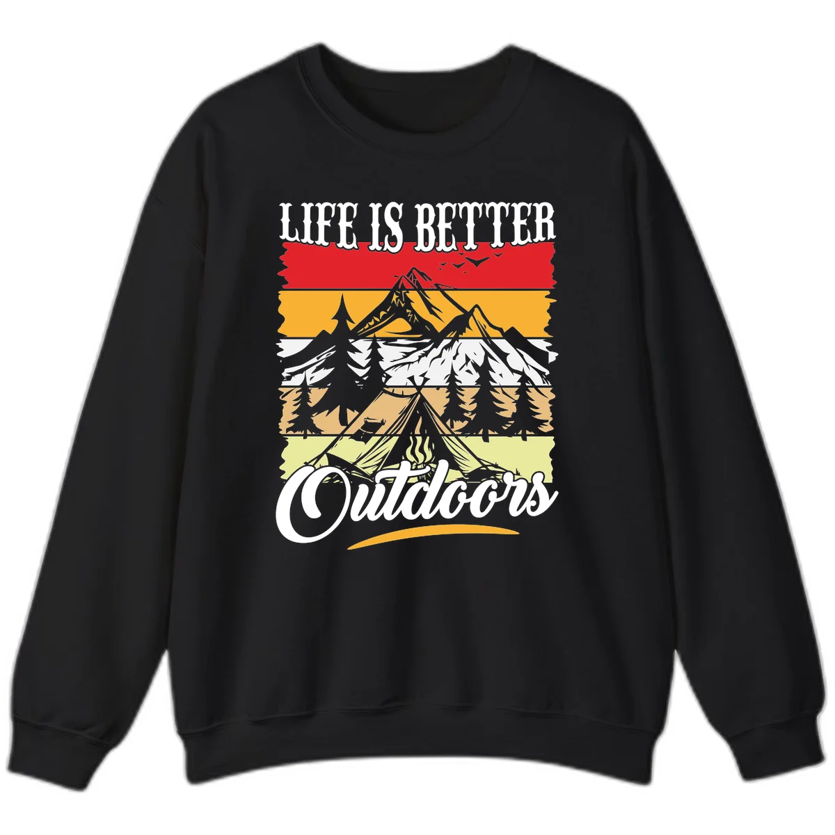 Life is better outdoors design featuring mountains, pine trees, tent and campfire across colorful horizontal stripes with white text in Black