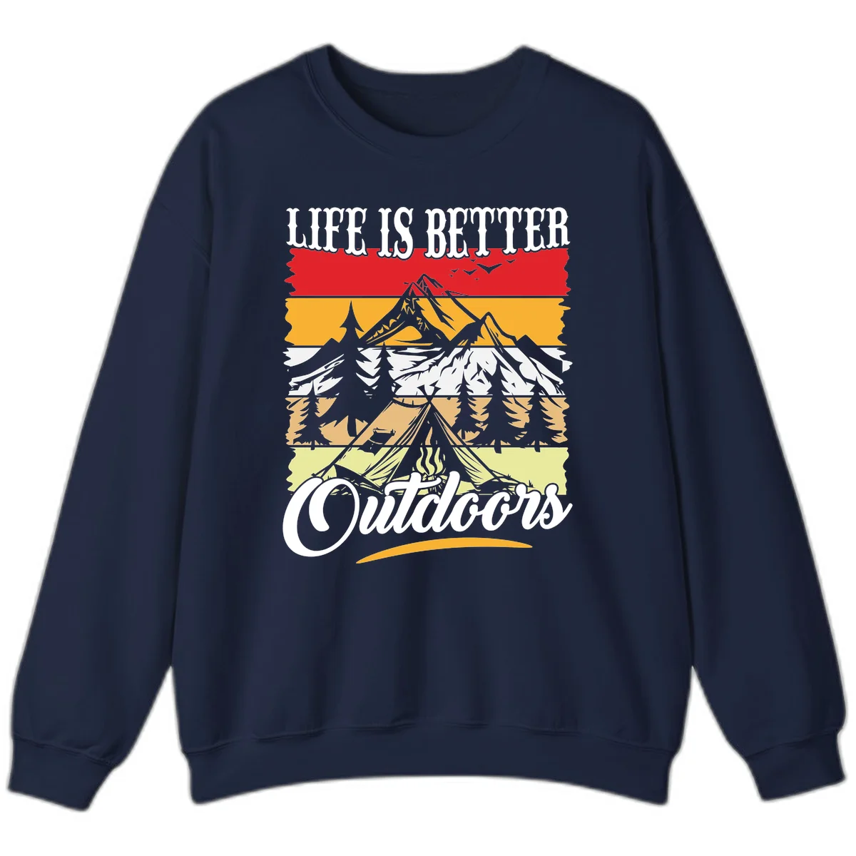 Life is better outdoors design featuring mountains, pine trees, tent and campfire across colorful horizontal stripes with white text in Navy