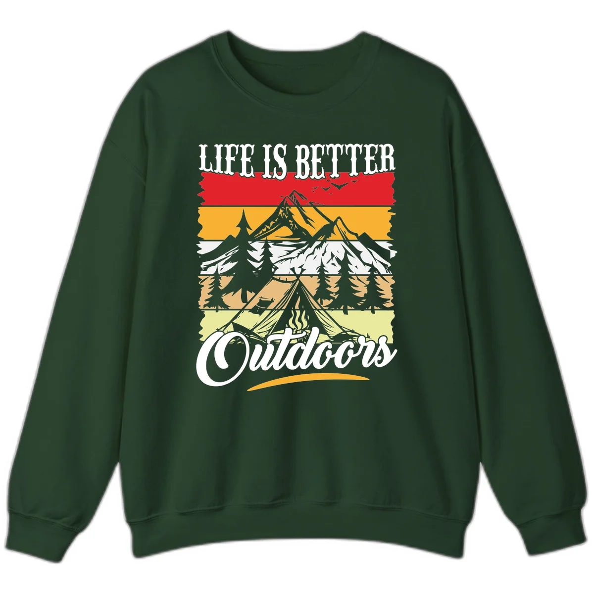 Life is better outdoors design featuring mountains, pine trees, tent and campfire across colorful horizontal stripes with white text in Forest Green
