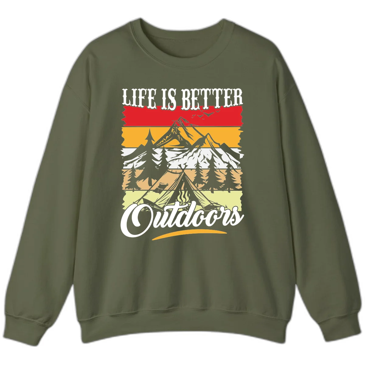 Life is better outdoors design featuring mountains, pine trees, tent and campfire across colorful horizontal stripes with white text in Military Green