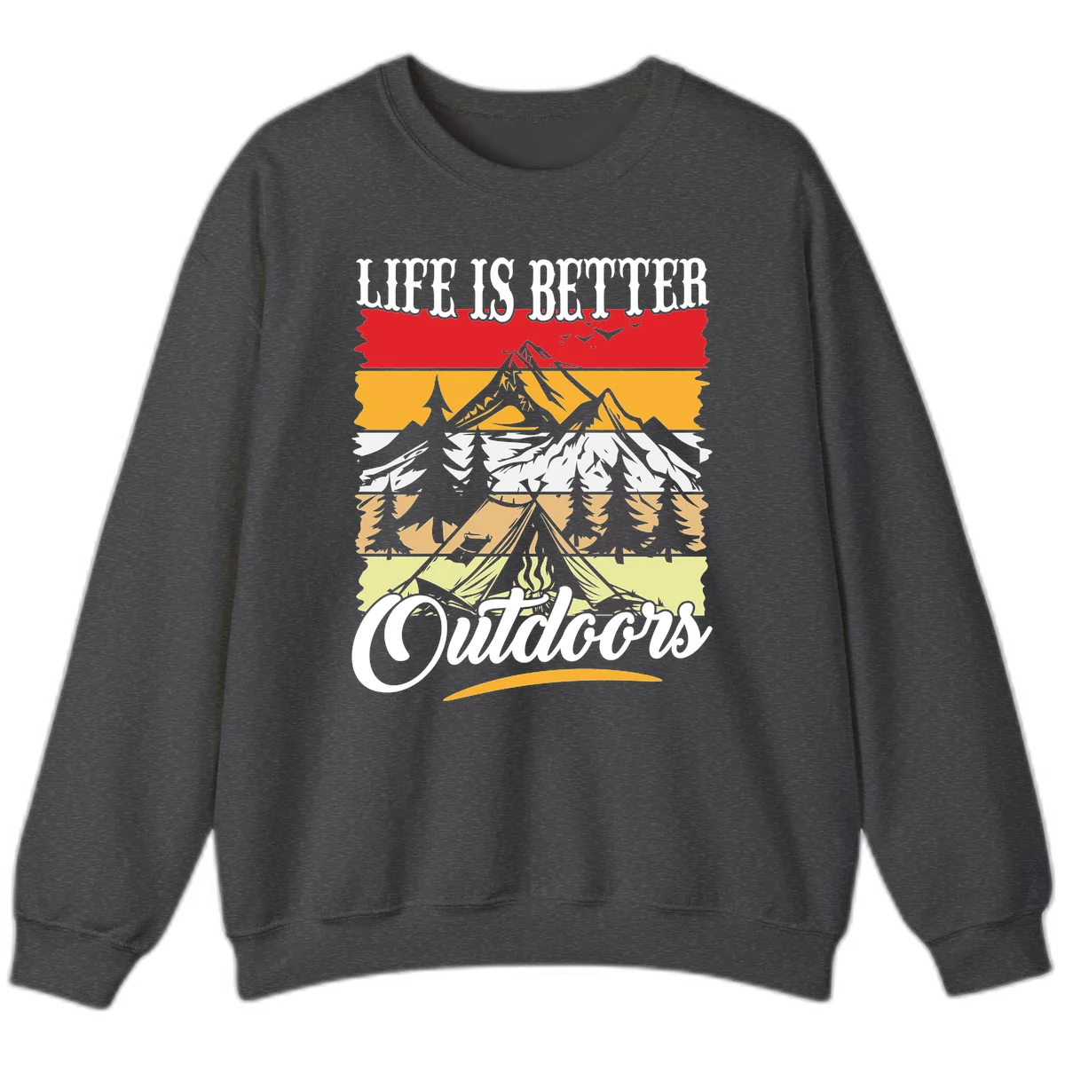 Life is better outdoors design featuring mountains, pine trees, tent and campfire across colorful horizontal stripes with white text in Dark Heather