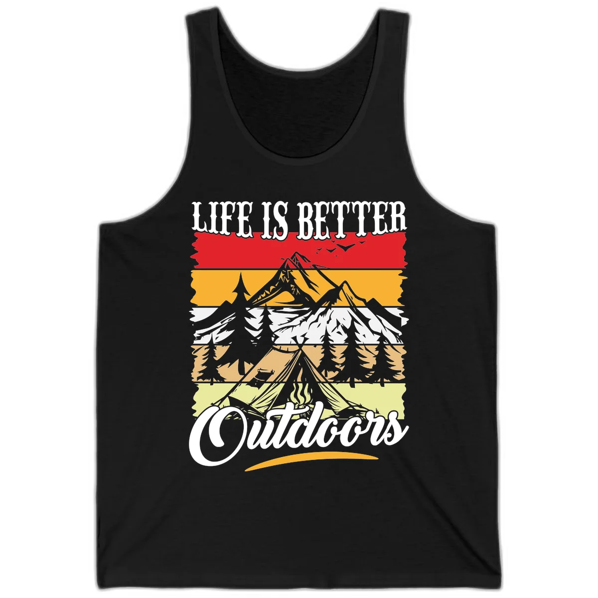 Life is better outdoors design featuring mountains, pine trees, tent and campfire across colorful horizontal stripes with white text in Black