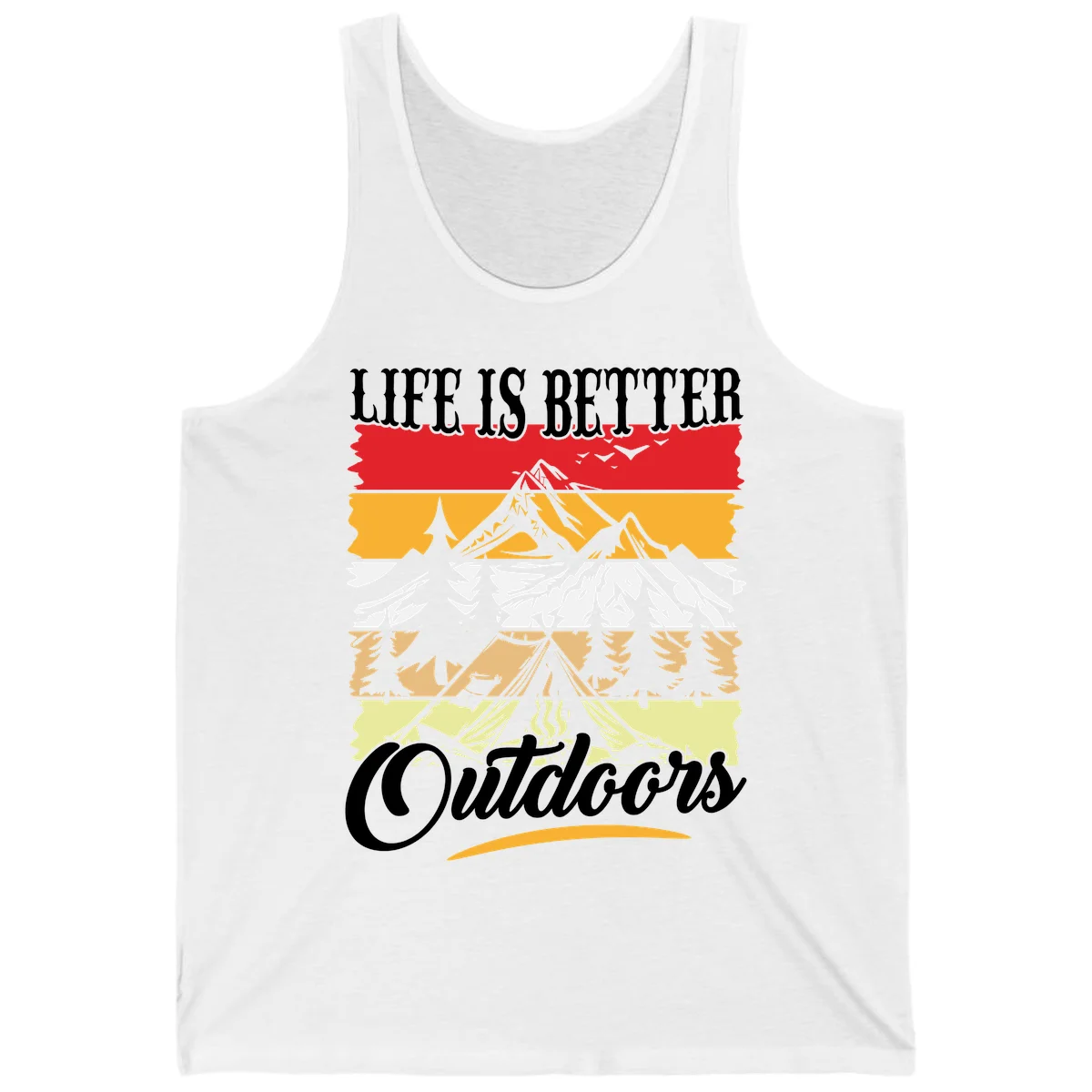 Life is better outdoors design featuring mountains, pine trees, tent and campfire across colorful horizontal stripes with white text in White